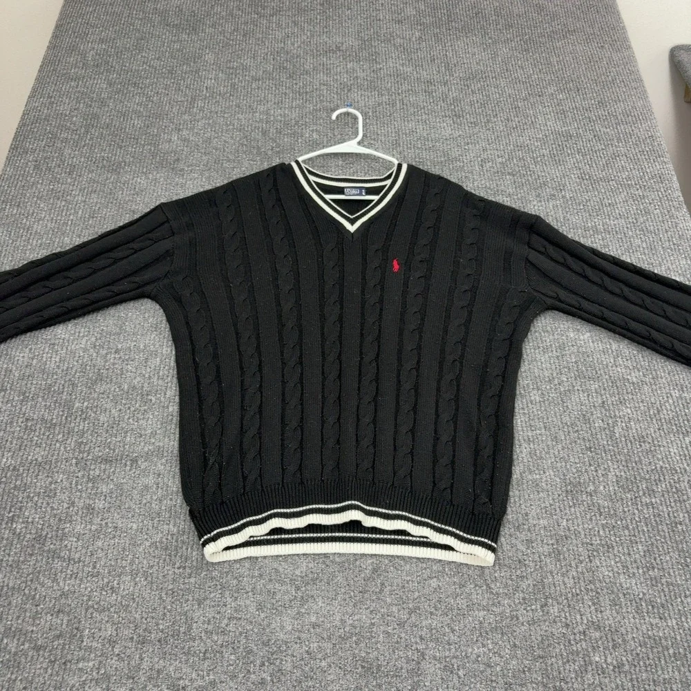 Vintage Polo Ralph Lauren Sweater Mens Black Cotton Cable Knit V-Neck Preppy